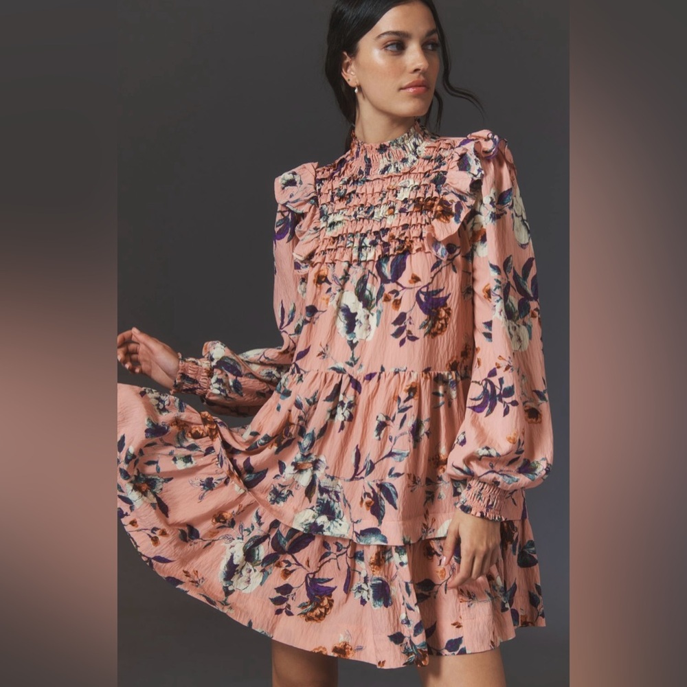 ANTHROPOLOGIE Long-Sleeve Printed Smocked
Mini Dress